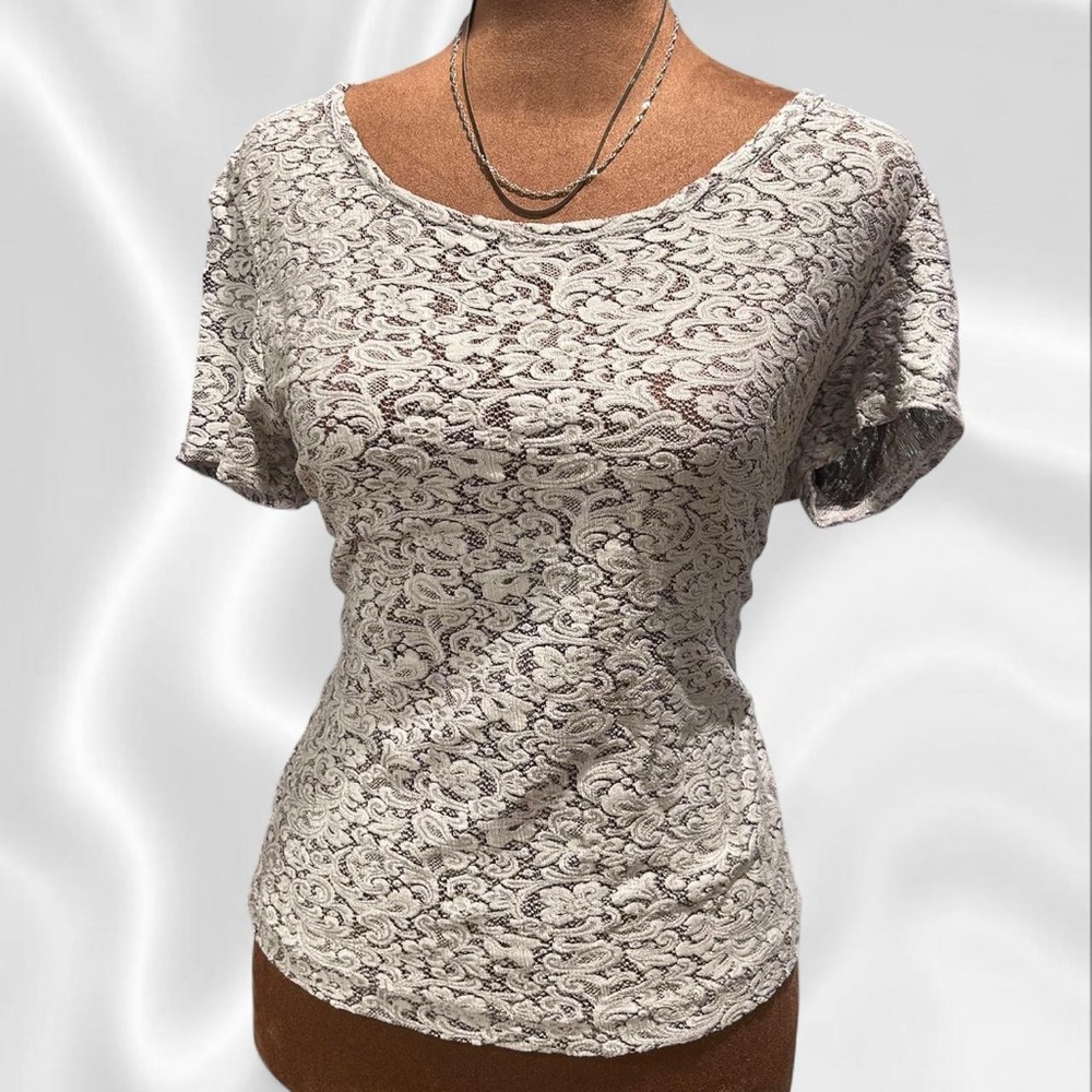 90s Vintage Heart Soul Lace Short Sleeve Top - White/Grey